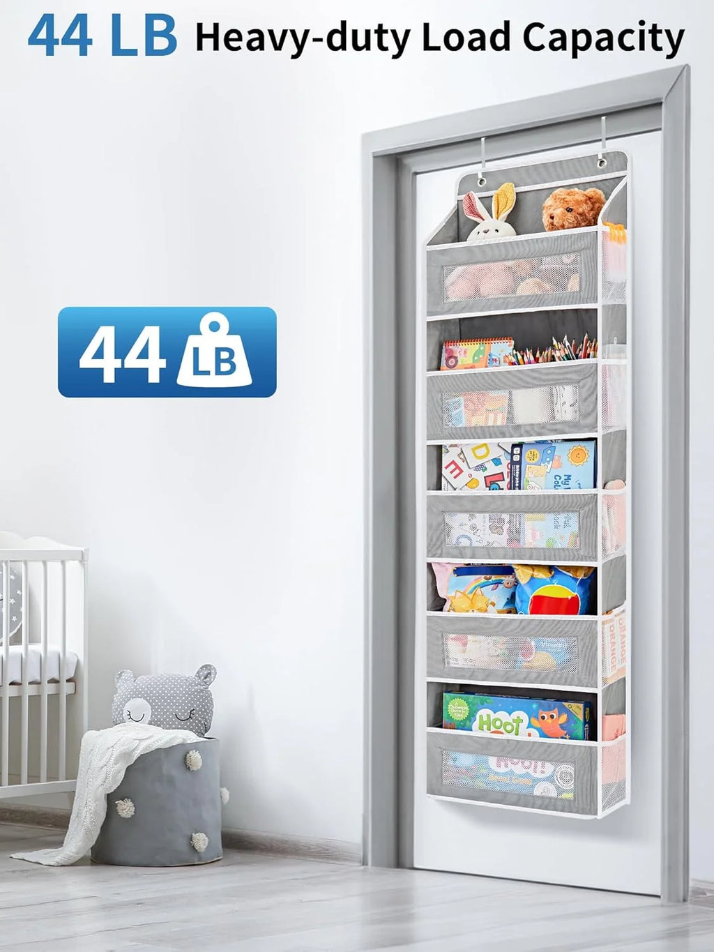 5-Shelf Over-Door Hanging Organizer — Anti-Tilt, 44 lb Capacity, Mesh Pockets