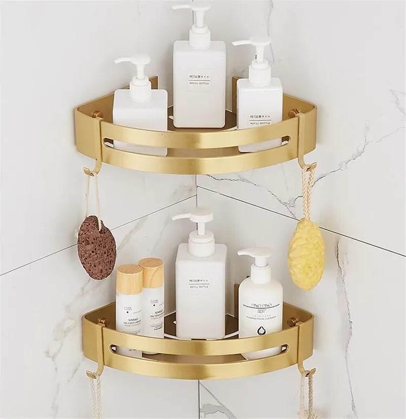 Triple-Tier Brushed Gold Aluminum Corner Shelf — Wall-Mounted Shower Organizer