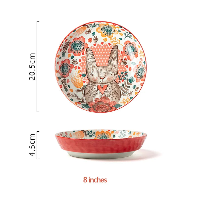 Hand-Painted Rabbit Ceramic Bowl — Underglaze, for Soup, Noodles & Salad