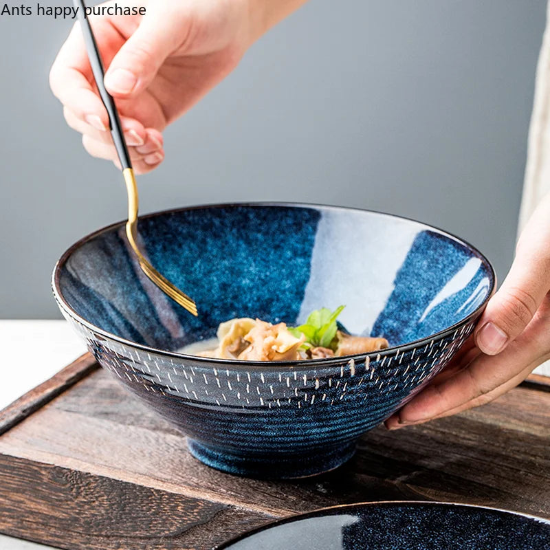 Blue Ceramic Noodle & Salad Bowl — Decorative Tableware