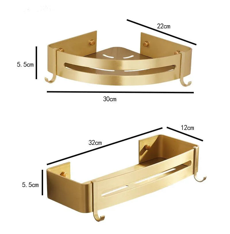 Triple-Tier Brushed Gold Aluminum Corner Shelf — Wall-Mounted Shower Organizer