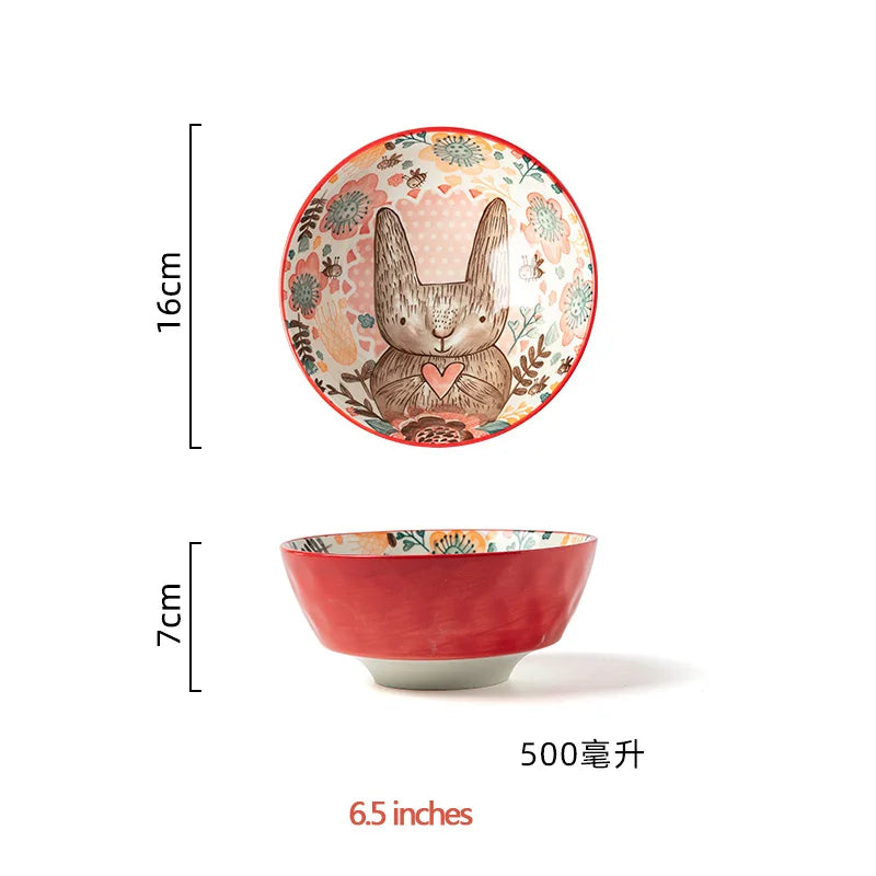 Hand-Painted Rabbit Ceramic Bowl — Underglaze, for Soup, Noodles & Salad