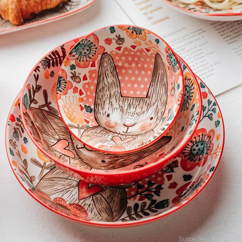 Hand-Painted Rabbit Ceramic Bowl — Underglaze, for Soup, Noodles & Salad