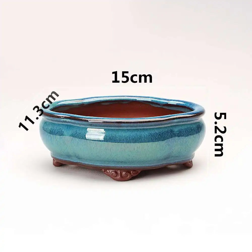 Chinese Style Bonsai Pot – Breathable Glazed Stoneware Planter with Drainage