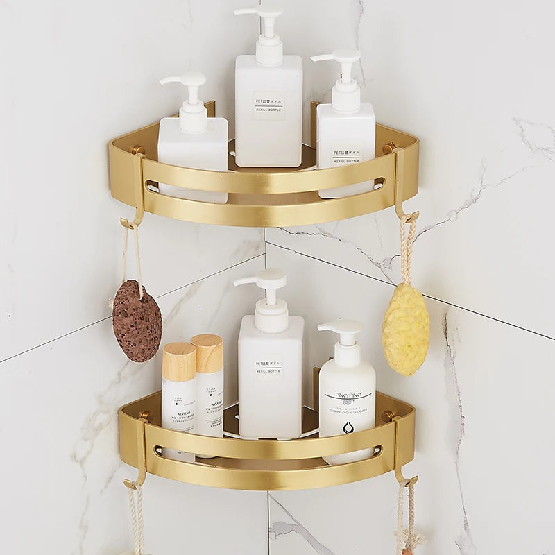 Triple-Tier Brushed Gold Aluminum Corner Shelf — Wall-Mounted Shower Organizer
