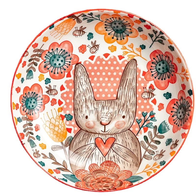 Hand-Painted Rabbit Ceramic Bowl — Underglaze, for Soup, Noodles & Salad