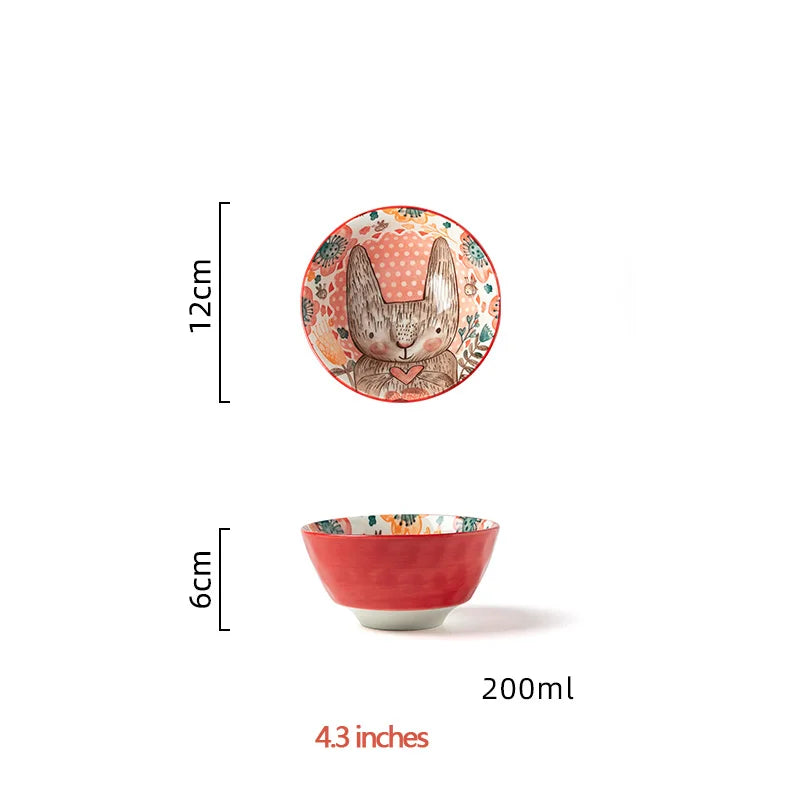 Hand-Painted Rabbit Ceramic Bowl — Underglaze, for Soup, Noodles & Salad