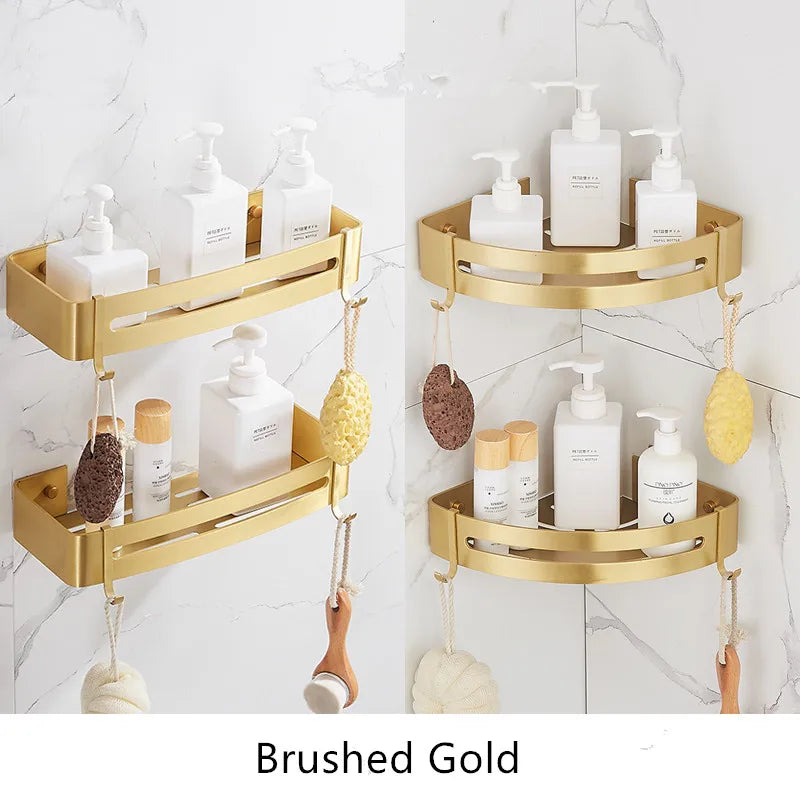 Triple-Tier Brushed Gold Aluminum Corner Shelf — Wall-Mounted Shower Organizer