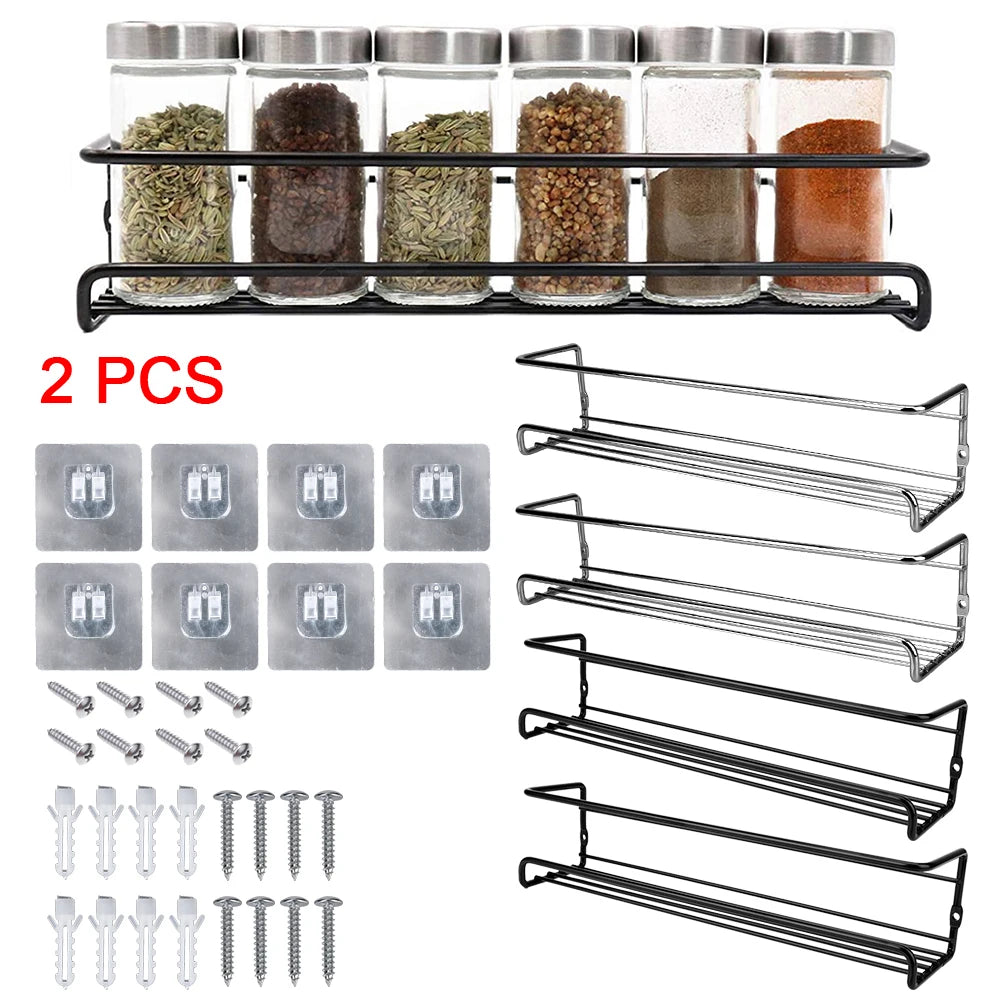 Metal Hanging Spice Rack — Wall-Mount, Drill or Adhesive, Set of 2