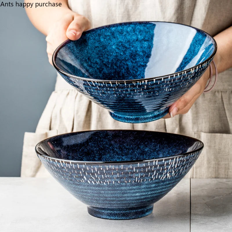 Blue Ceramic Noodle & Salad Bowl — Decorative Tableware