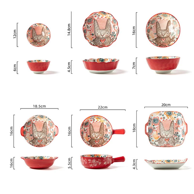 Hand-Painted Rabbit Ceramic Bowl — Underglaze, for Soup, Noodles & Salad