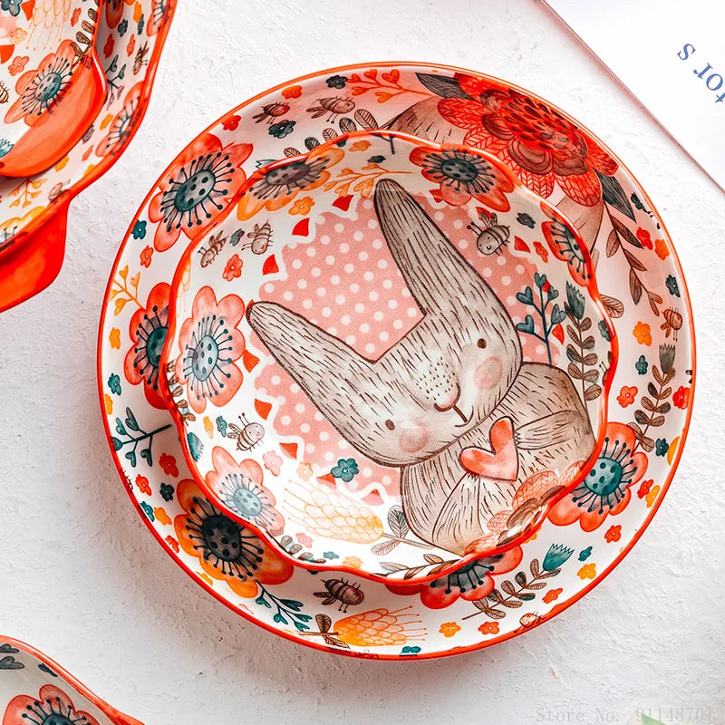 Hand-Painted Rabbit Ceramic Bowl — Underglaze, for Soup, Noodles & Salad