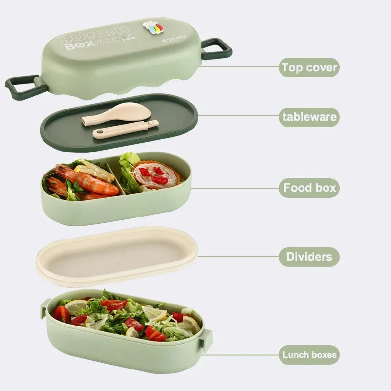 Double-Layer Compartment Lunch Box with Spoon — Leakproof, Microwavable
