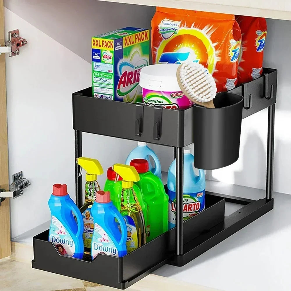 2-Tier Under Sink Organizer with Hooks & Cup Holder