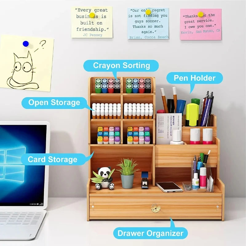 Wooden DIY Desk Organiser with Drawer — Pen & Stationery Storage