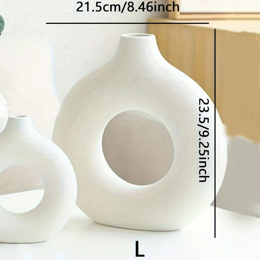 White & Beige Ceramic Donut Vase — Modern Boho Home Decor