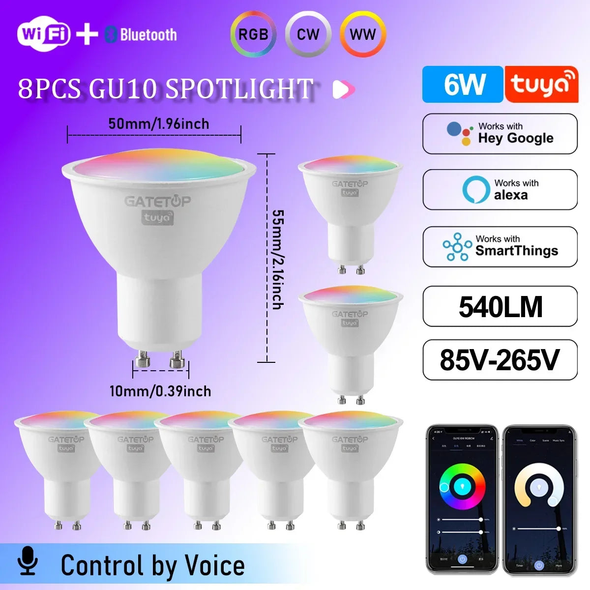 Tuya WiFi GU10 Smart Spotlight — Dimmable, Alexa & Google Compatible