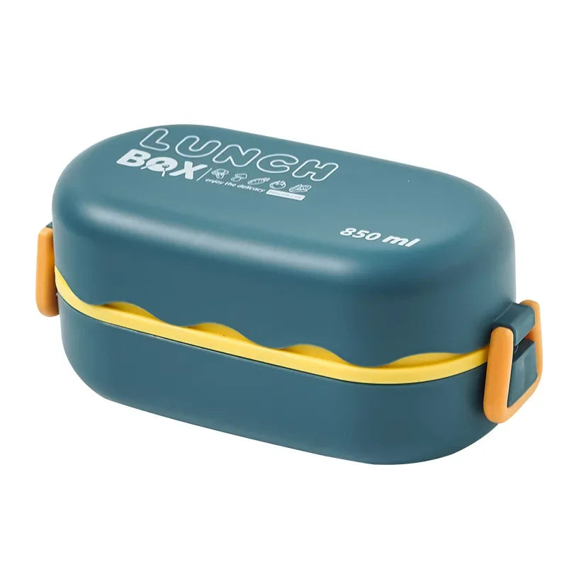 Double-Layer Compartment Lunch Box with Spoon — Leakproof, Microwavable