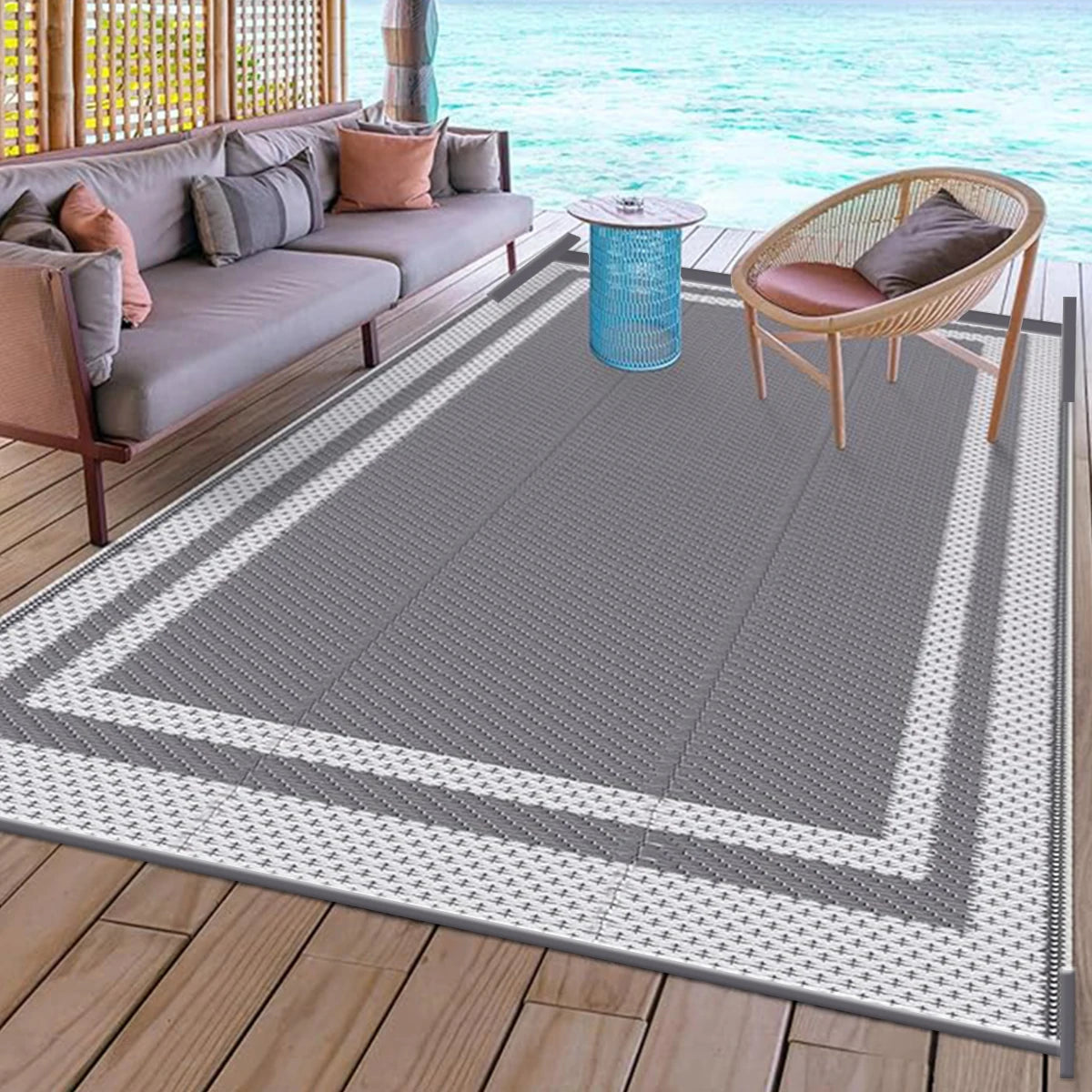 PP Outdoor Mat 6×9ft – Gray & White Grid with Ground Pegs for Patio & Camping