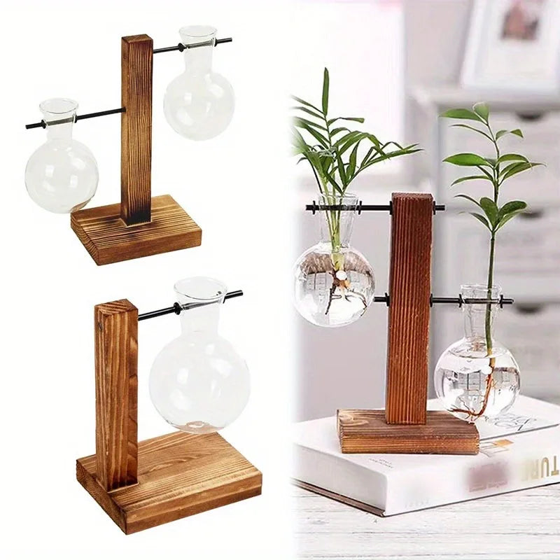Vintage Bulb Glass Hydroponic Vase with Wooden Stand — Desktop Plant Terrarium