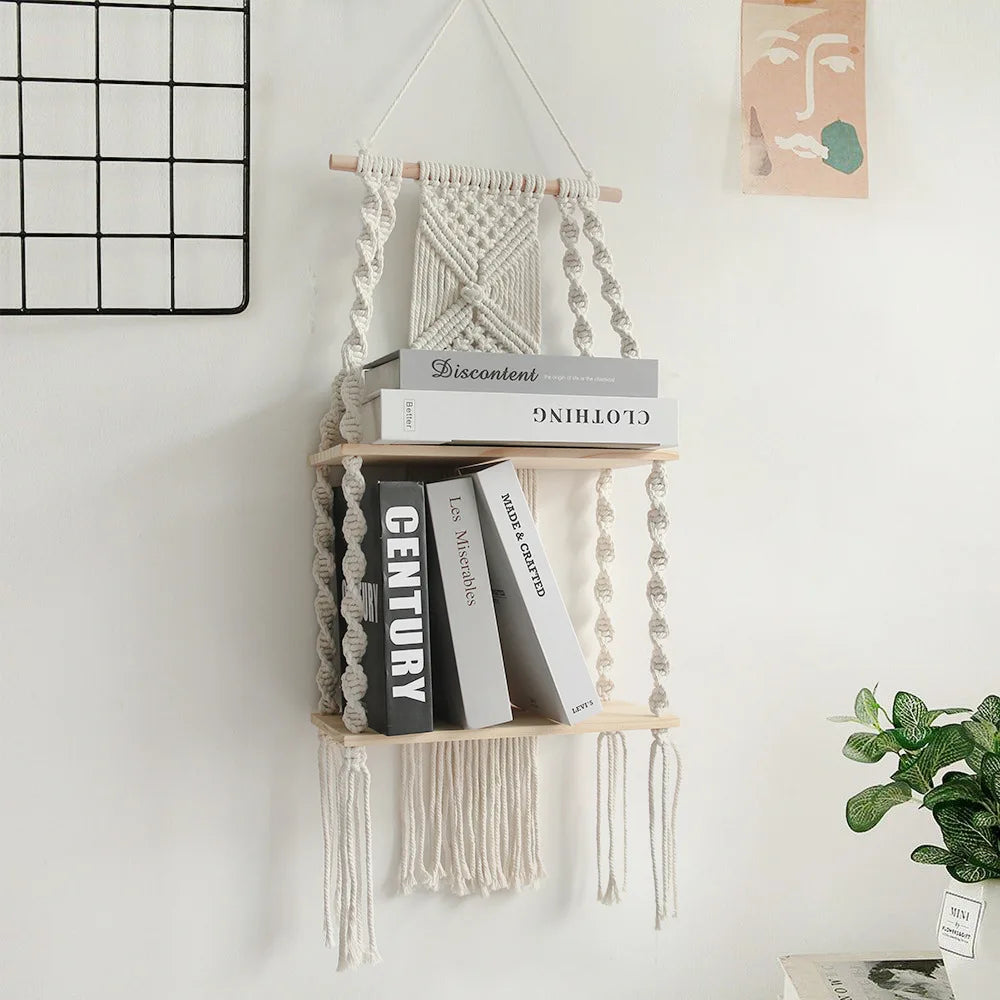 Boho Macrame Wall Hanging Shelf — Wood & Polyester Floating Shelf