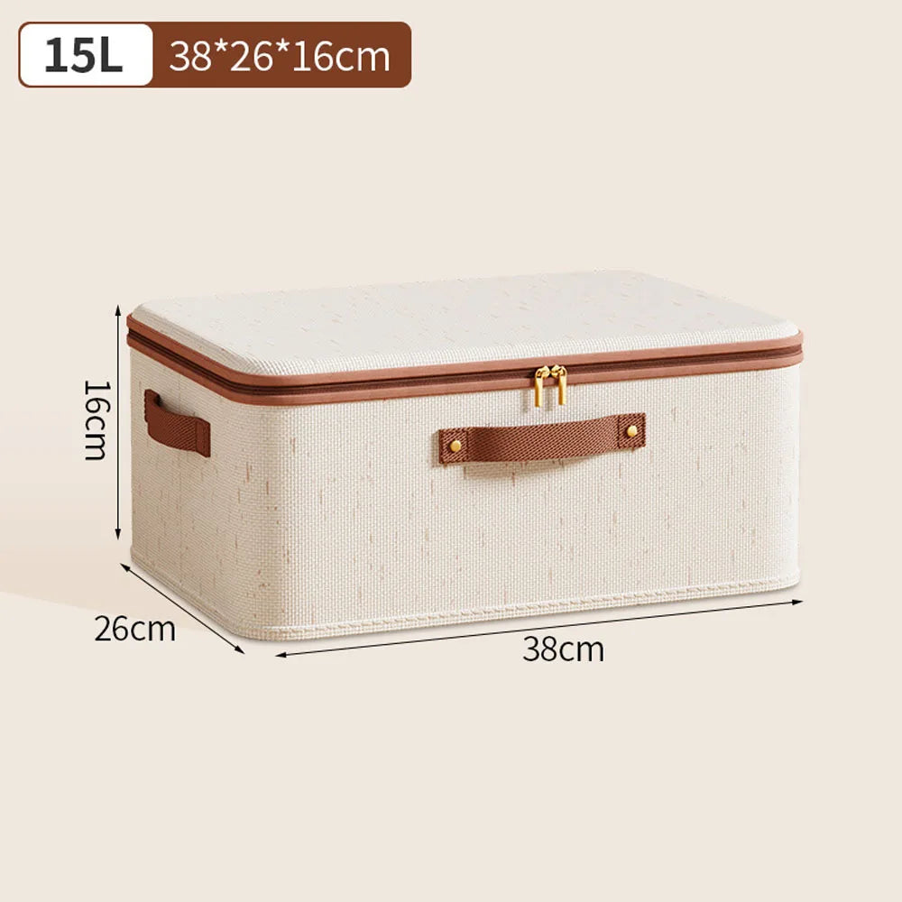 Zipped Cotton Linen Storage Box with Leather Handle