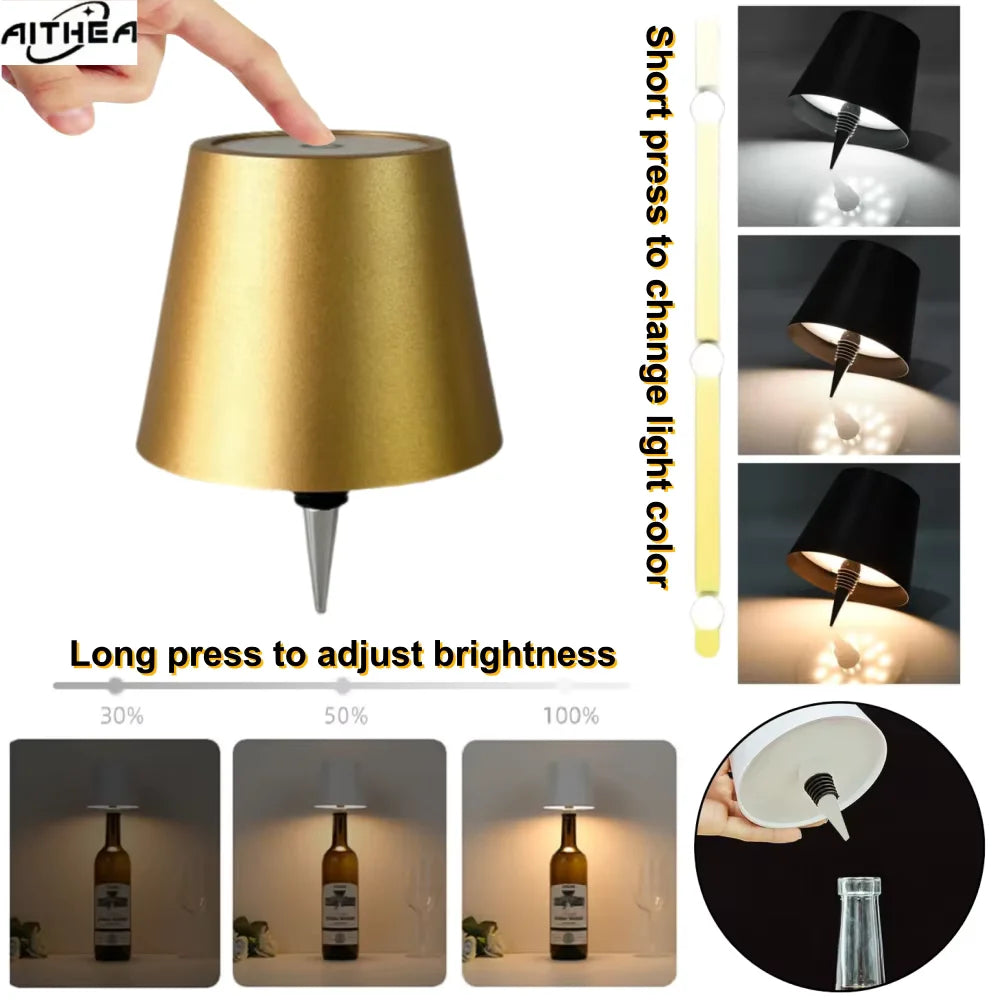 Wireless LED Wine Bottle Table Lamp — Touch Dimming, 3 Colour Temperatures