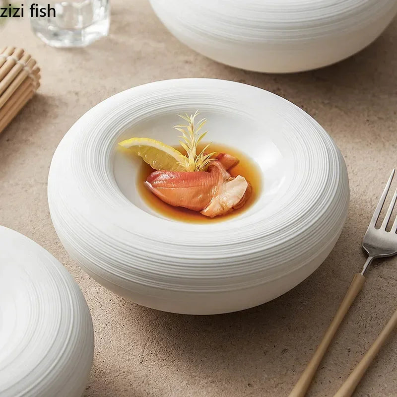 White Double-Layer Ceramic Serving Plate — Insulated, Restaurant Tableware