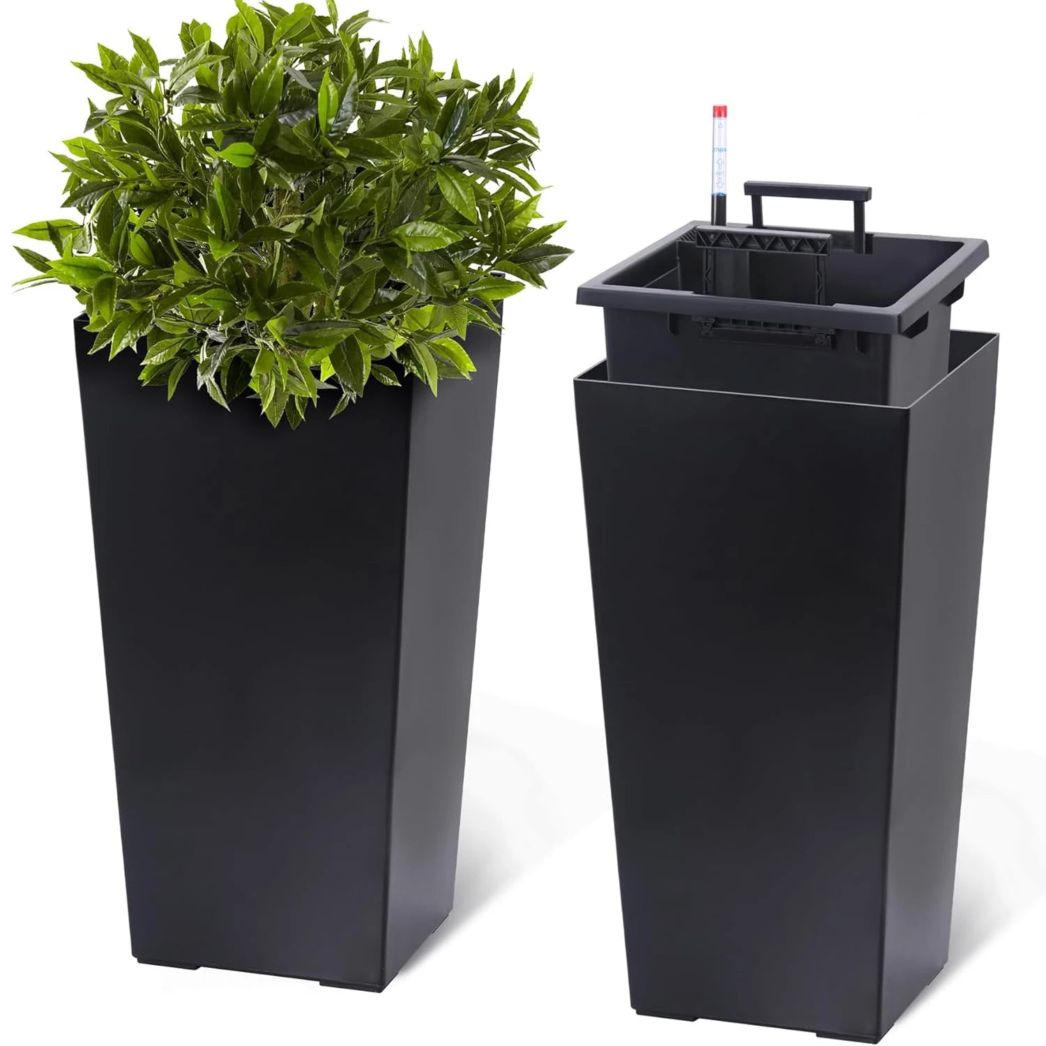 22-Inch Tall Black Taper Planter – Self-Absorbing Plastic Flower Pot with Shelf Insert (Set of 2)