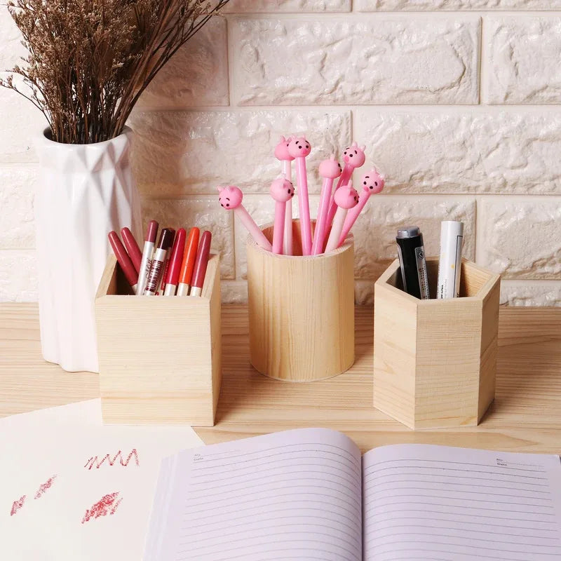 Wooden Pen & Stationery Holder — Square, Round or Hexagonal
