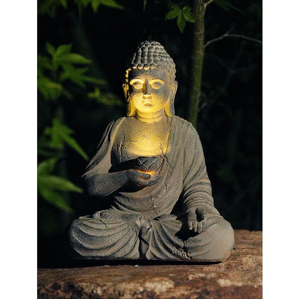 Solar Meditating Buddha Resin Statue — Zen Garden & Indoor Decor