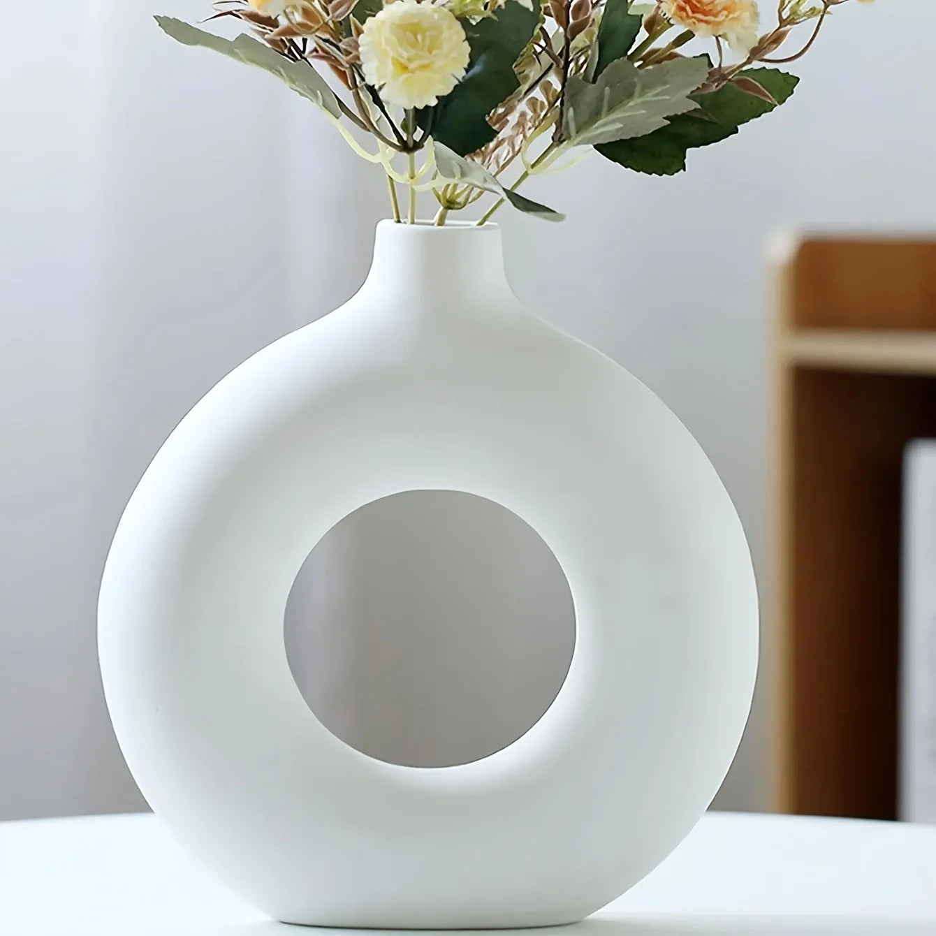 White & Beige Ceramic Donut Vase — Modern Boho Home Decor