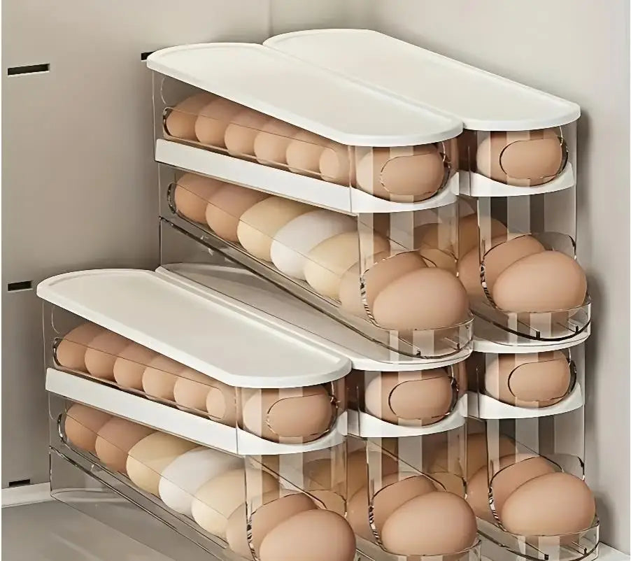 Slim Automatic Rolling Egg Storage Box — Double Layer, Fridge Door Fit