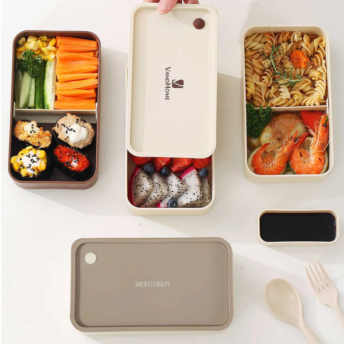 WORTHBUY Divided Bento Lunch Box — Leakproof, Microwave Safe, with Bag & Cutlery