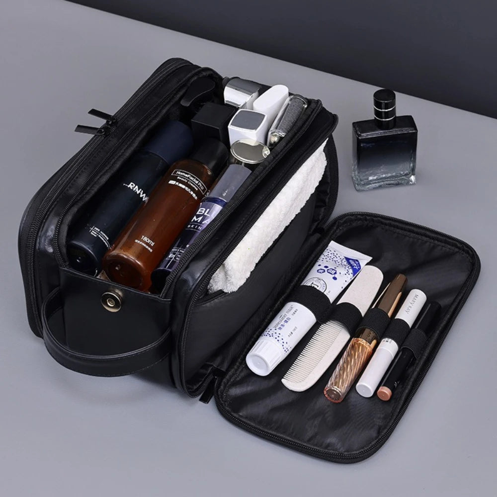 PU Leather Hanging Toiletry Bag — Multi-Pocket, Dry-Wet Separation, 28×18×15cm