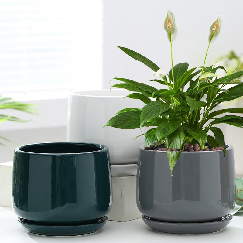 Large Nordic Ceramic Flowerpot with Tray – Glazed Balcony & Indoor Planter