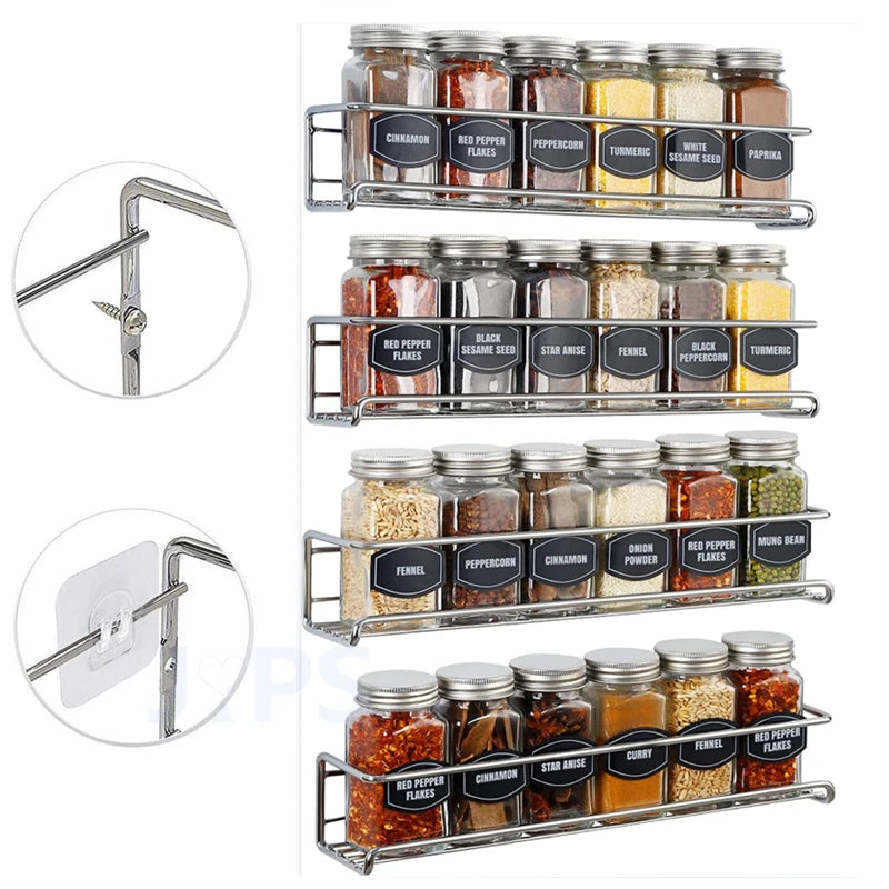 Wall-Mount Metal Spice Rack Organizer — Space-Saving, Drill or Adhesive