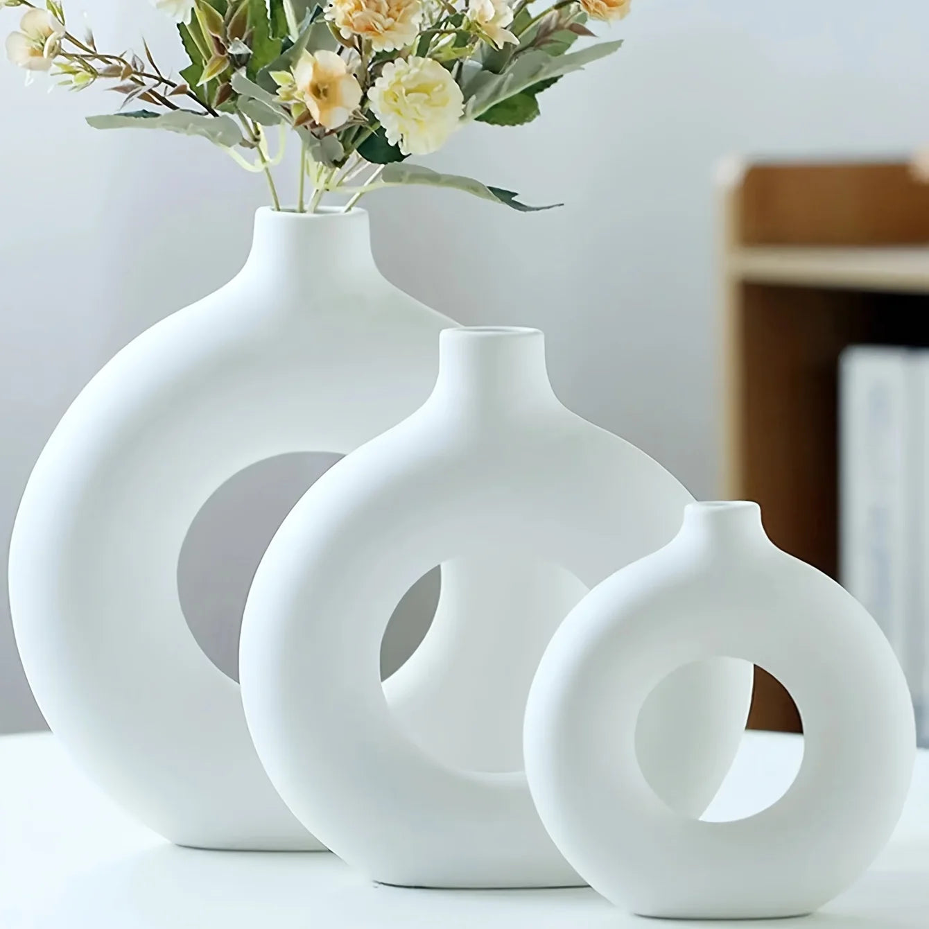 White & Beige Ceramic Donut Vase — Modern Boho Home Decor