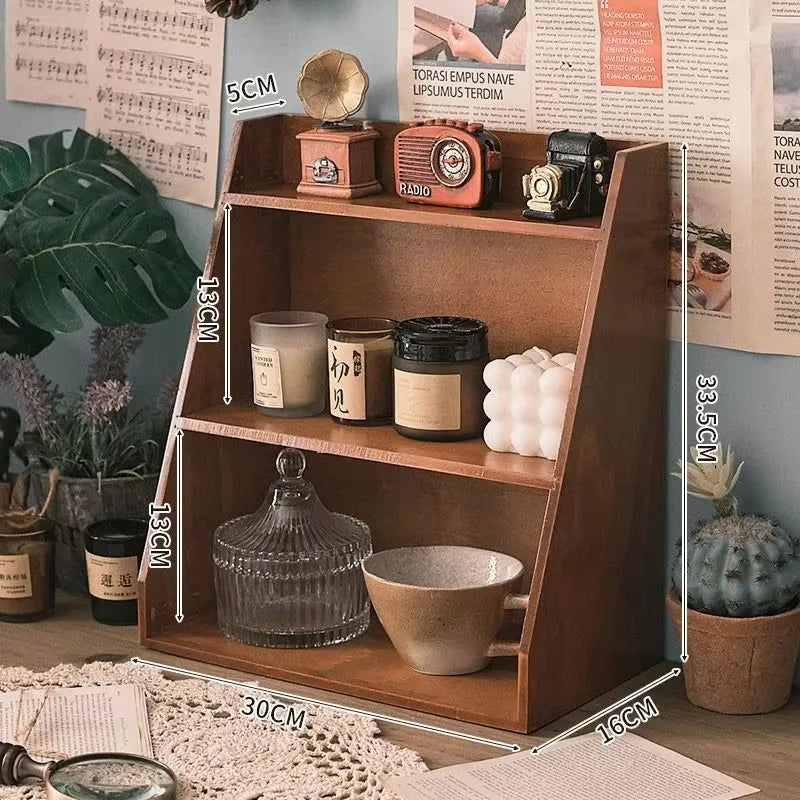 Solid Wood Retro Desktop Organizer — Multi-Layer Storage Rack
