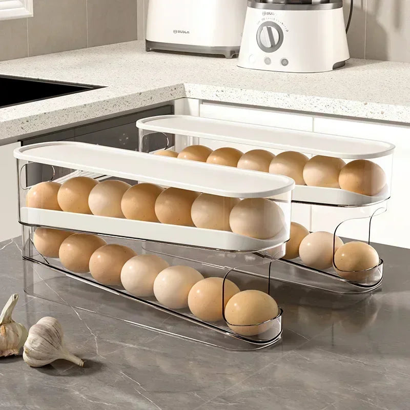 Automatic Rolling Egg Holder Rack — Double Layer, Ladder Style, Fridge