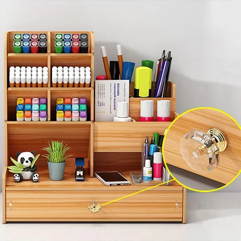 Wooden DIY Desk Organiser with Drawer — Pen & Stationery Storage