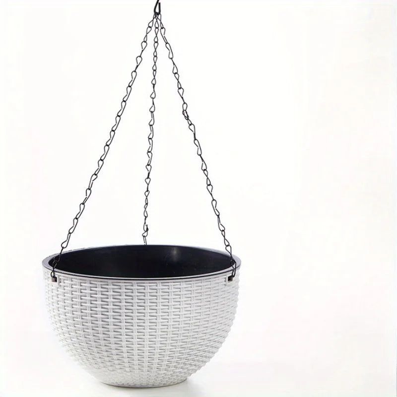 Elegant Polypropylene Self-Watering Hanging Planters with Rattan Design - Easy Drain Plug for Efficient Watering