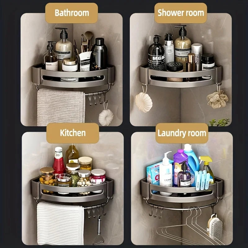 No-Drill Aluminum Corner Shower Shelf — Wall-Mounted Bathroom Organizer