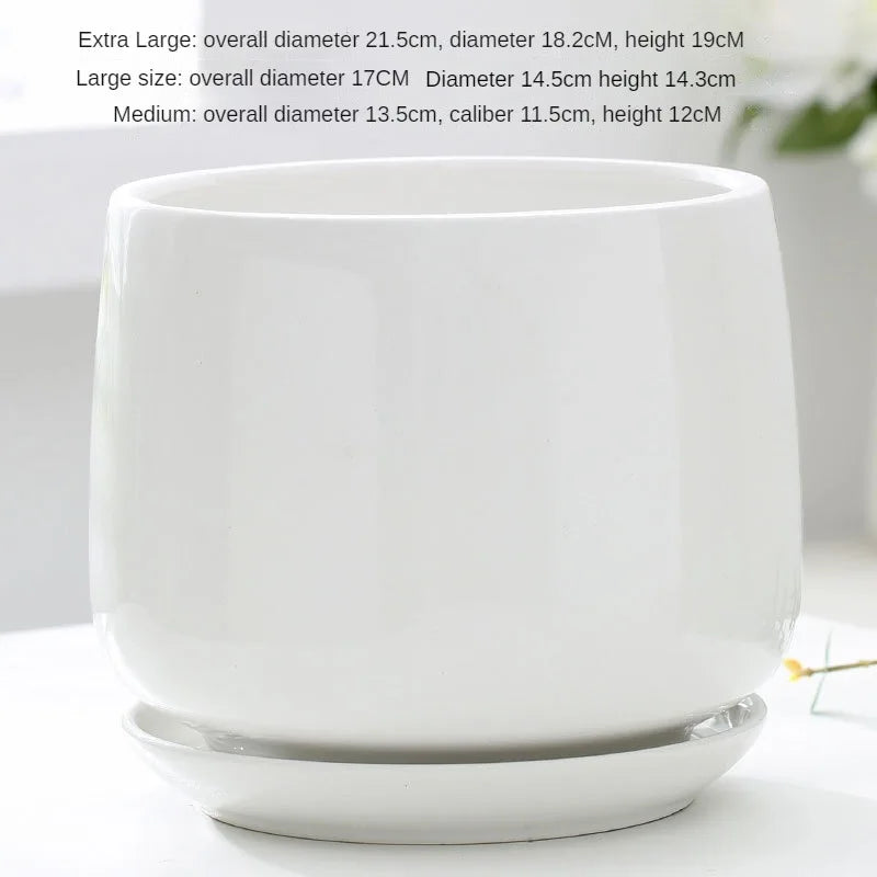 Large Nordic Ceramic Flowerpot with Tray – Glazed Balcony & Indoor Planter