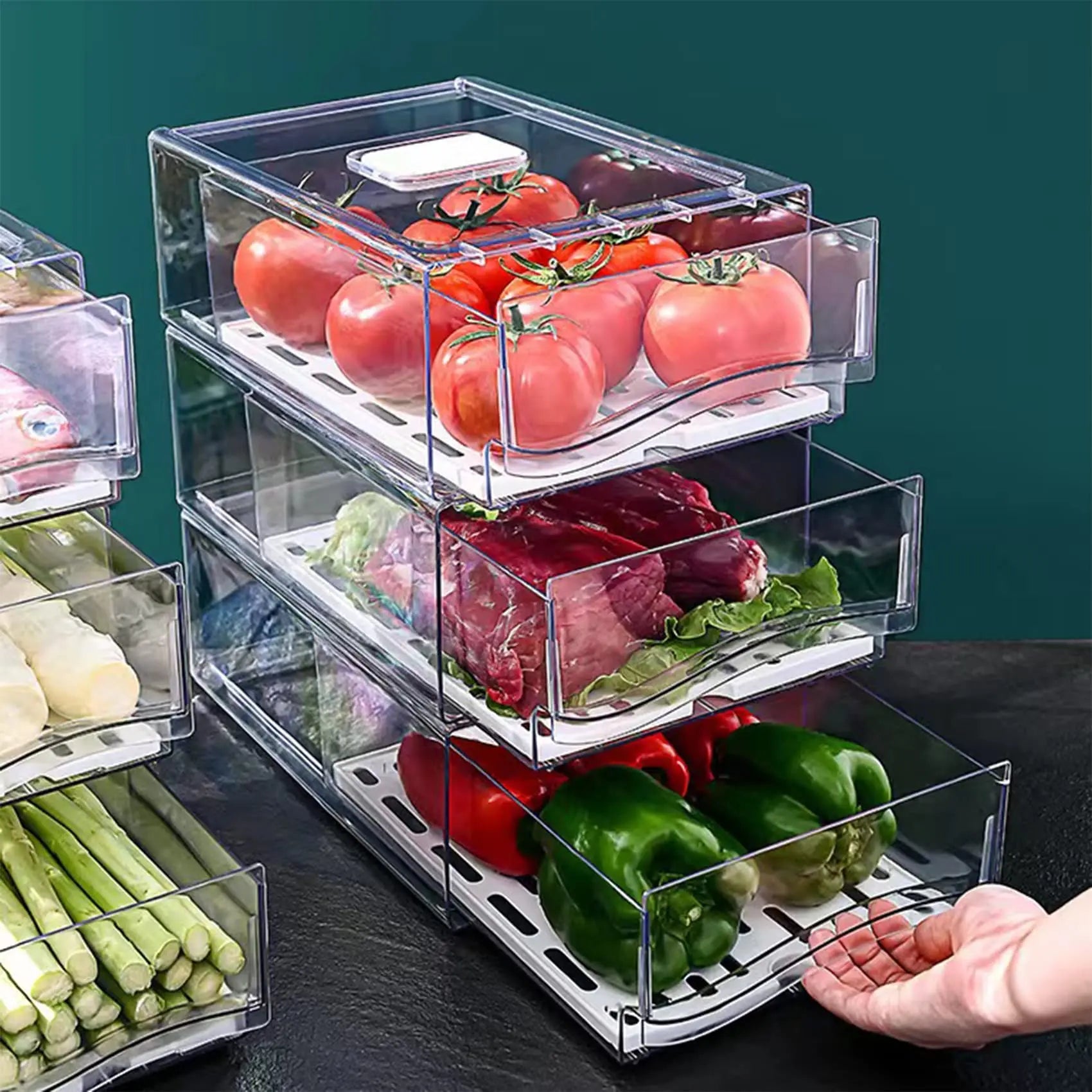 Stackable Fridge Organizer Bins — Draining Base, Large Capacity