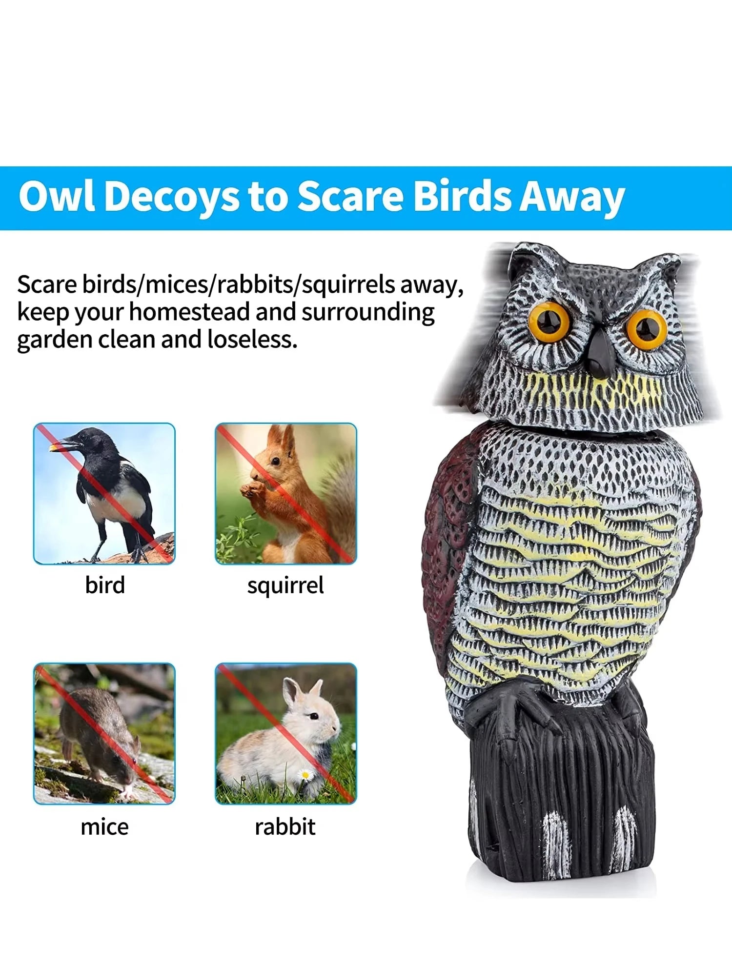Realistic Owl Decoy Scarecrow — Rotating Head & Sound, Garden Bird Repellent