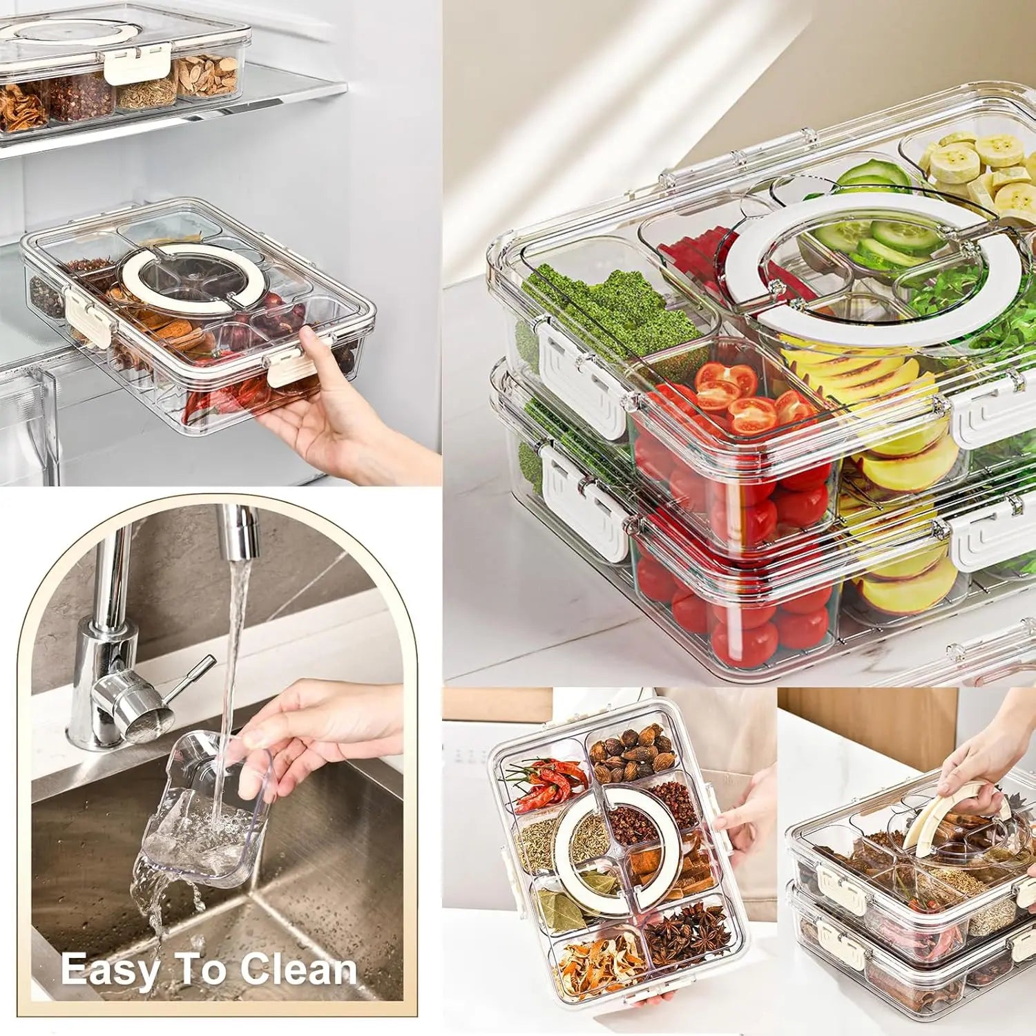 Divided Snack Spinner Tray with Lid & Handle — Fridge, Party & Picnic