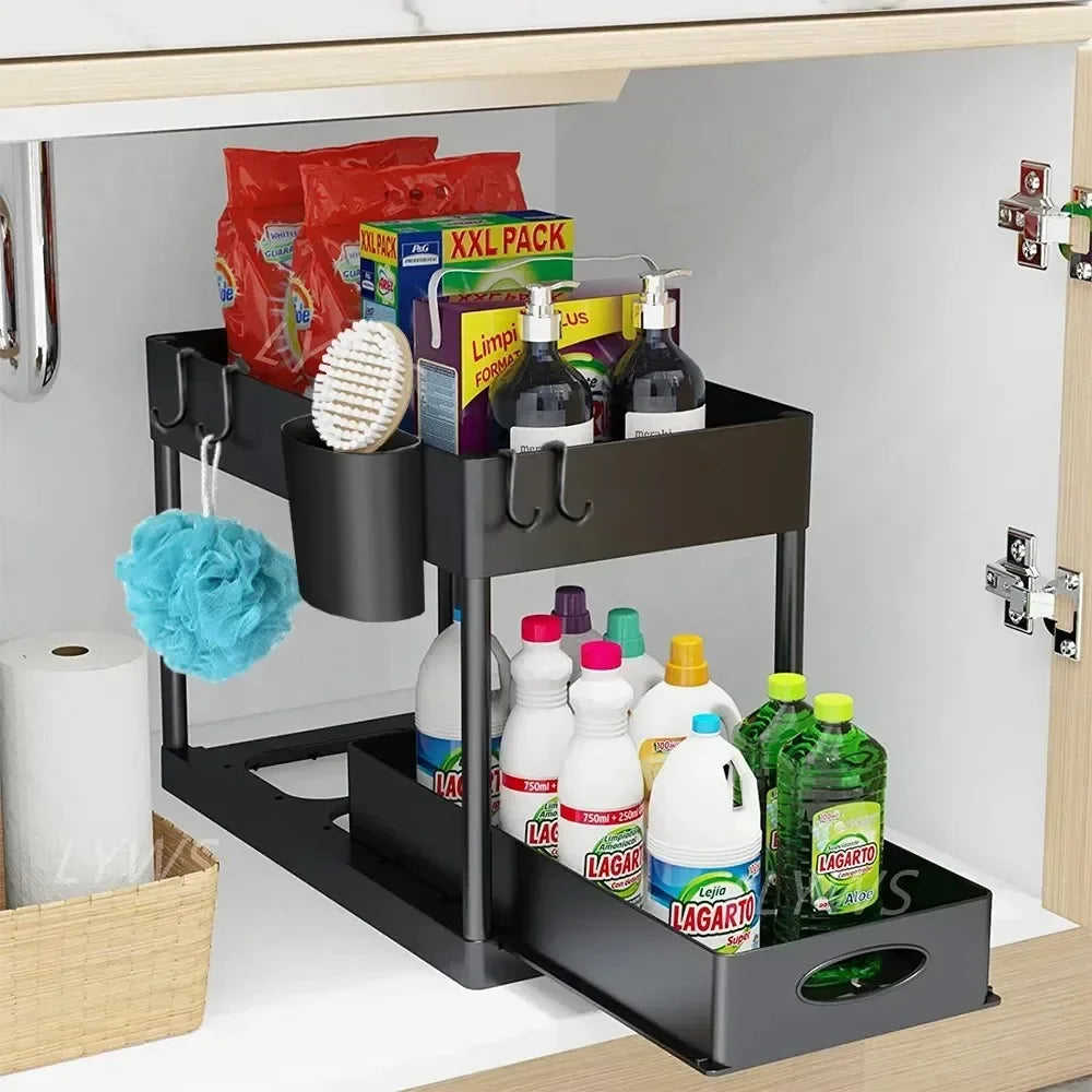 2-Tier Under Sink Organizer with Hooks & Cup Holder