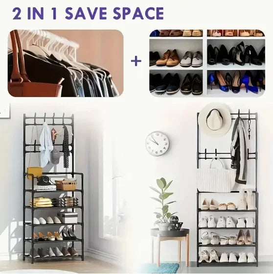 5-Tier Freestanding Coat & Shoe Rack — Double Row