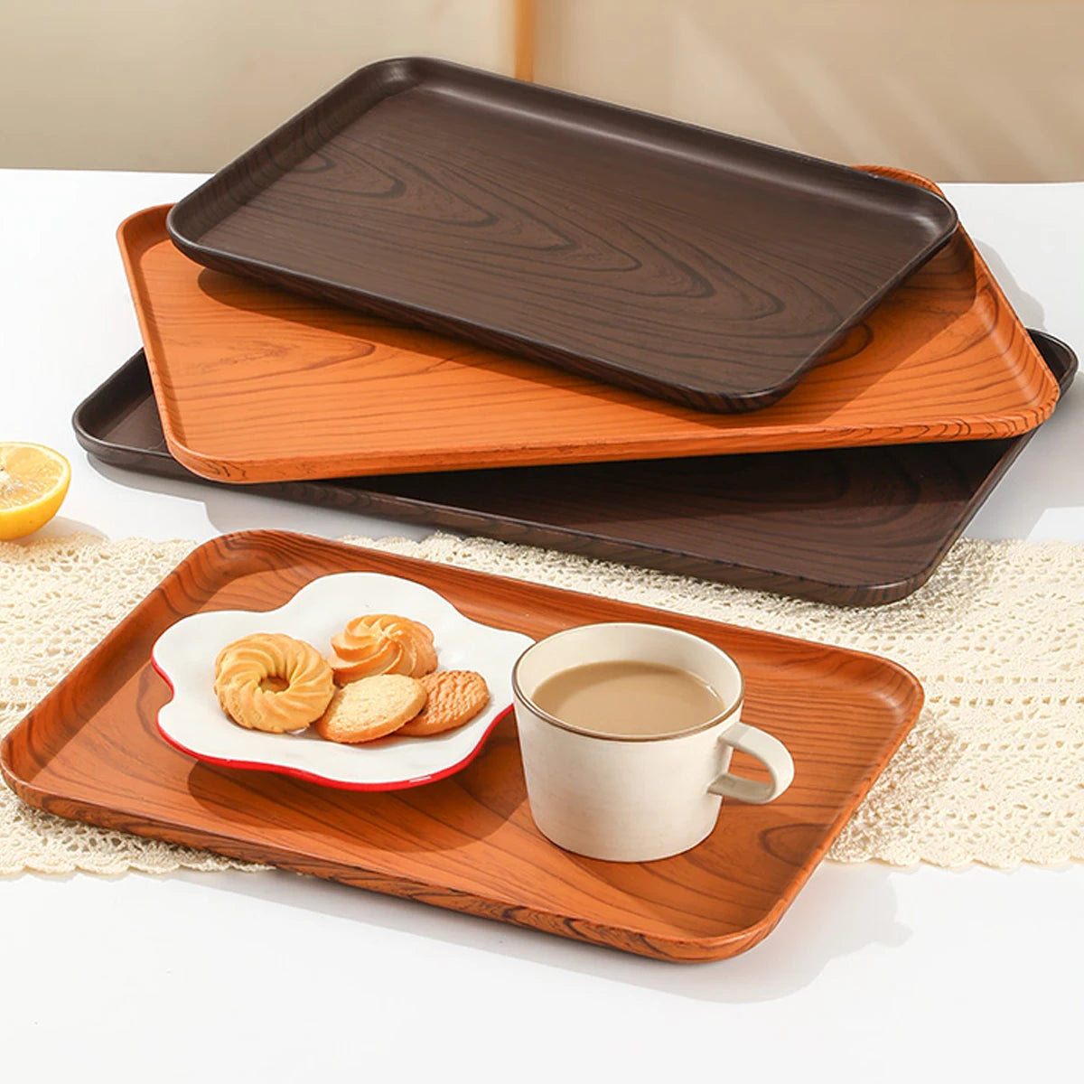 Wood Grain Plastic Stackable Food Serving Tray — Large Capacity Kitchen Organiser